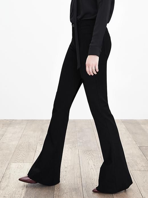 Sloan-Fit Black Flare | Banana Republic Fitted Mid-rise Pants With Belt Loops, Sleek Slim Fit Mid-rise Bottoms, Flattering Stretch Bottoms For Night Out, Flattering Fitted Black Bottoms, Flattering Black Bottoms For Work, Fitted Mid-rise Pants, Classic High Rise Elastane Bottoms, Elegant Flare Bottoms With Belt Loops, Tailored Mid-rise Bottoms With Belt Loops