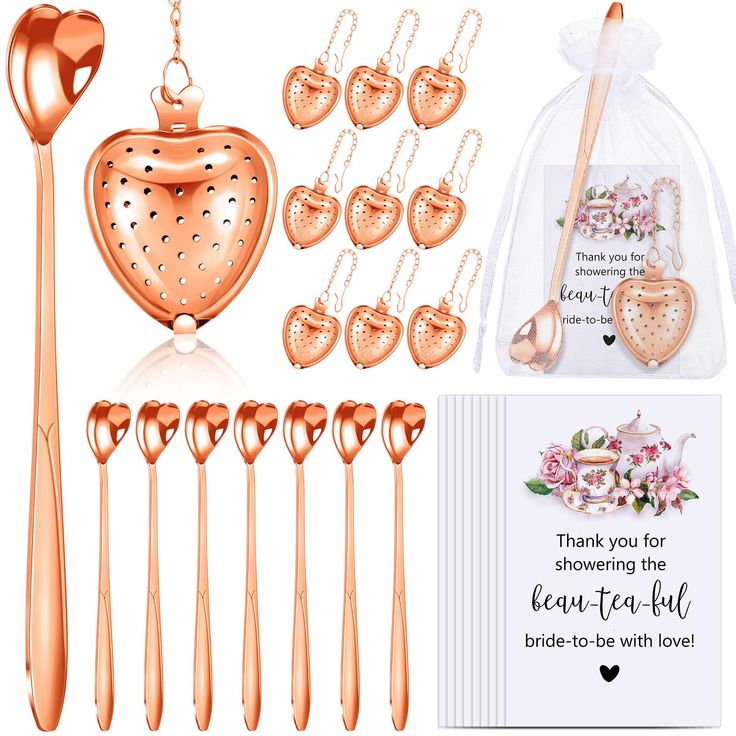 rose gold heart shaped utensils with thank you for showering the best tea set