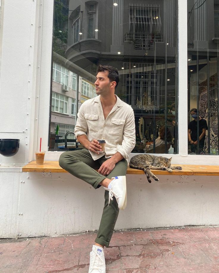 Mens Green Pants Outfit Casual, Green And Beige Outfit Men, Olive Jeans Outfit Men, Light Blue Tshirt Outfit Men Casual, Mens Warm Weather Fashion, Beige And Olive Green Outfit, Olive Green Men Outfit, Olive Pants Outfit Men, Green Chinos Outfit Men