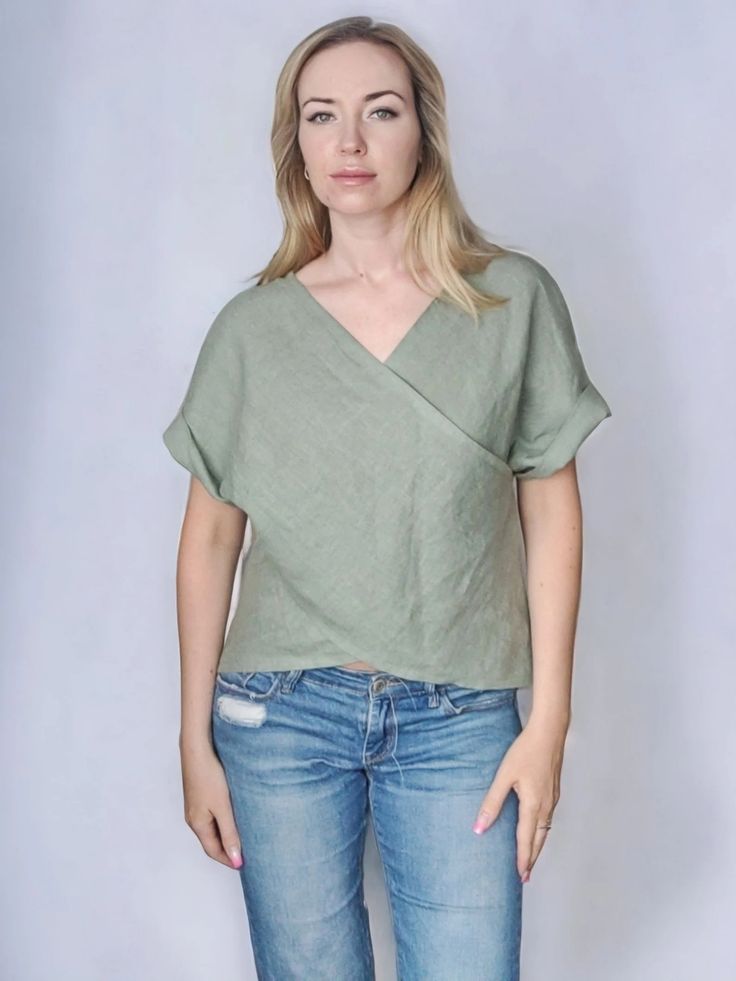 Elegant Linen Blouse Kimono Sleeve Top Women Linen Shirt - Etsy Solid Ramie Tops For Spring, Spring V-neck Flax Top, Flax V-neck Top For Spring, Solid Linen V-neck Shirt, Casual Relaxed Fit Flax Tops, Casual Relaxed Fit Linen Tops, Chic Linen Top In Flax Color, Linen V-neck Shirt, Chic Ramie Tops For Spring