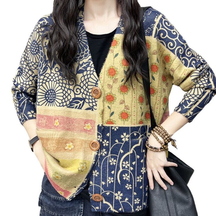 Fashion Loose Printed Warm Casual Sweaters One Size : Shoulder : 24.41 "(62cm) , Chest : 48.03"/55.12 "(122/140cm) , Sleeve : 18.11 "(46cm) , Length : 25.59 "(65cm) Fabric : 80 % Cotton , 20 % Polyester Hand Wash Womens Spring Fashion, Fashion Knitwear, Pocket Cardigan, Knitwear Fashion, Casual Cardigans, Warm Sweaters, Printed Cardigan, Vintage Casual, Womens Cardigan