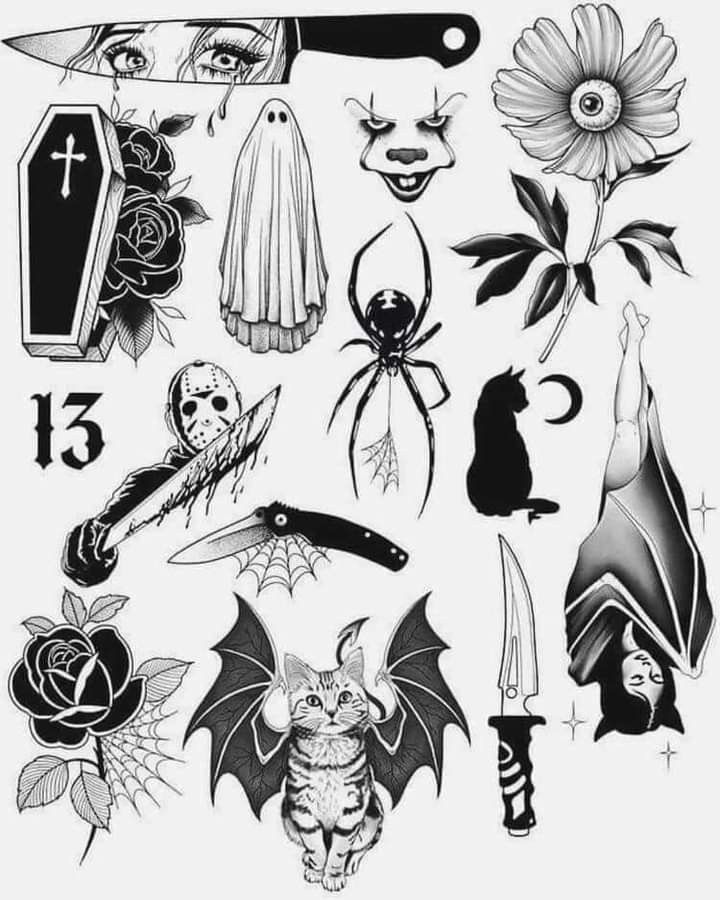 an assortment of halloween tattoos on a white background