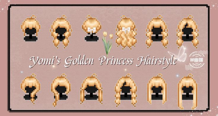 the golden princess hairstyle is shown in pixel art style, with different hair styles and colors