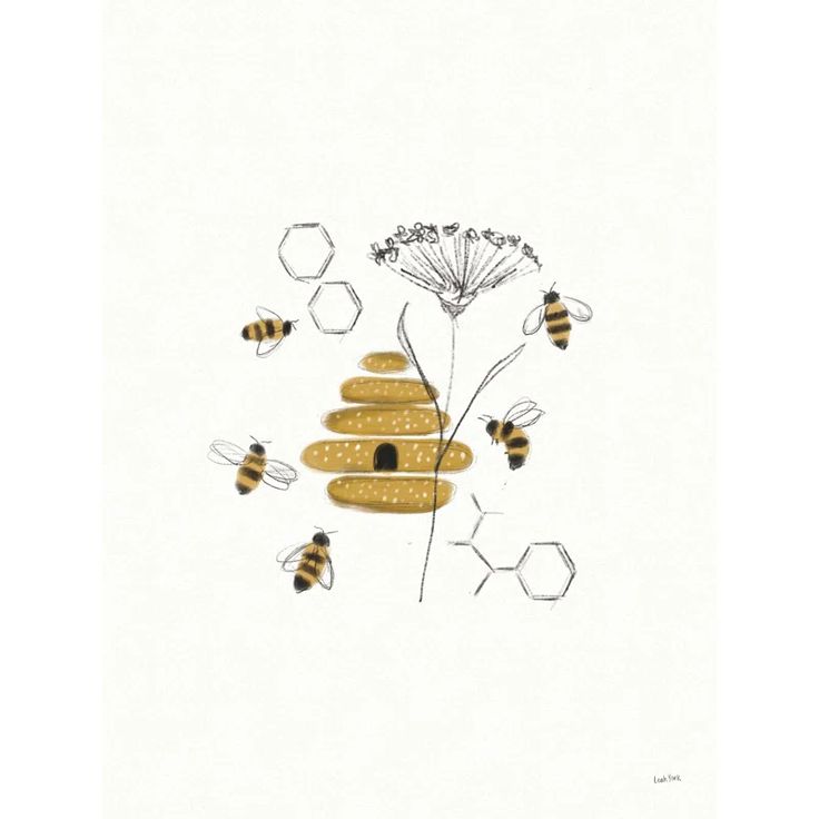 a beehive with bees and flowers in the background, on a white paper