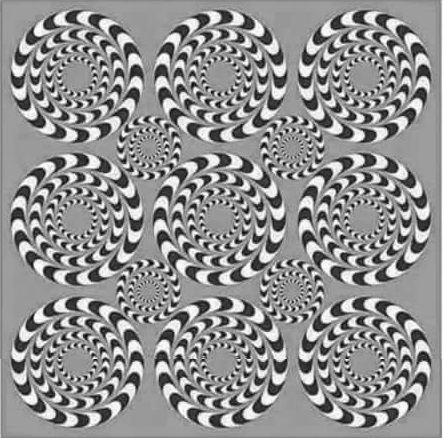 an optical illusional design with black and white circles in the center, on a gray background