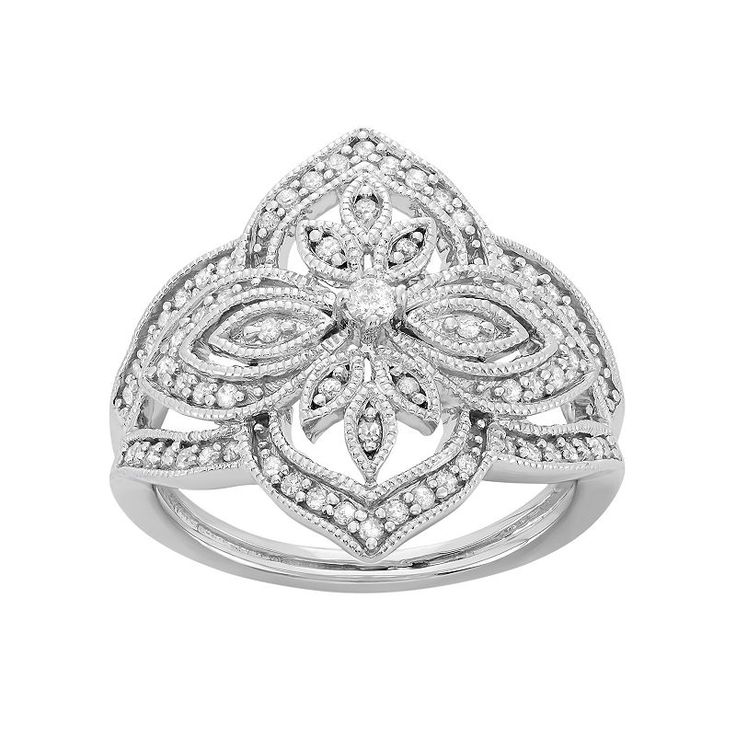 An intricate floral motif decorated with diamonds provides alluring appeal to this ring. Add a dazzling touch to your ensembles wearing this sterling silver ring. Comes in a gift box. An intricate floral motif decorated with diamonds provides alluring appeal to this ring. Add a dazzling touch to your ensembles wearing this sterling silver ring. Comes in a gift box. Width: .84 in. Metal: rhodium-plated sterling silverDIAMOND DETAILS Total weight: 3/8 ct. Shape: round Setting: prong Color grade: H Right Hand Rings For Women, Hand Rings, Silver Flower Ring, Silver Cocktail, Flower Engagement Ring, Right Hand Rings, Diamond Cocktail Rings, White Jewelry, Sterling Silver Flowers