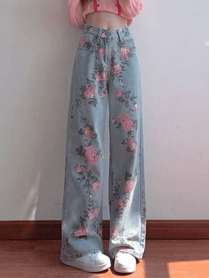 Floral High Rise Boyfriend Jeans - AnotherChill Cute Jeans Design, Long Shirts Styles, Cotton Clothes Design, Jeans With Designs On Them, Foral Pants, Jeans Art Ideas, Aesthetic Pants Jeans, Pink Clothing Aesthetic, Floral Outfit Aesthetic