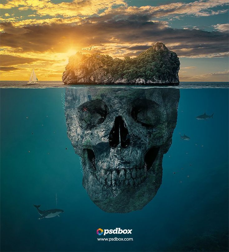 a skull floating in the ocean next to a small island