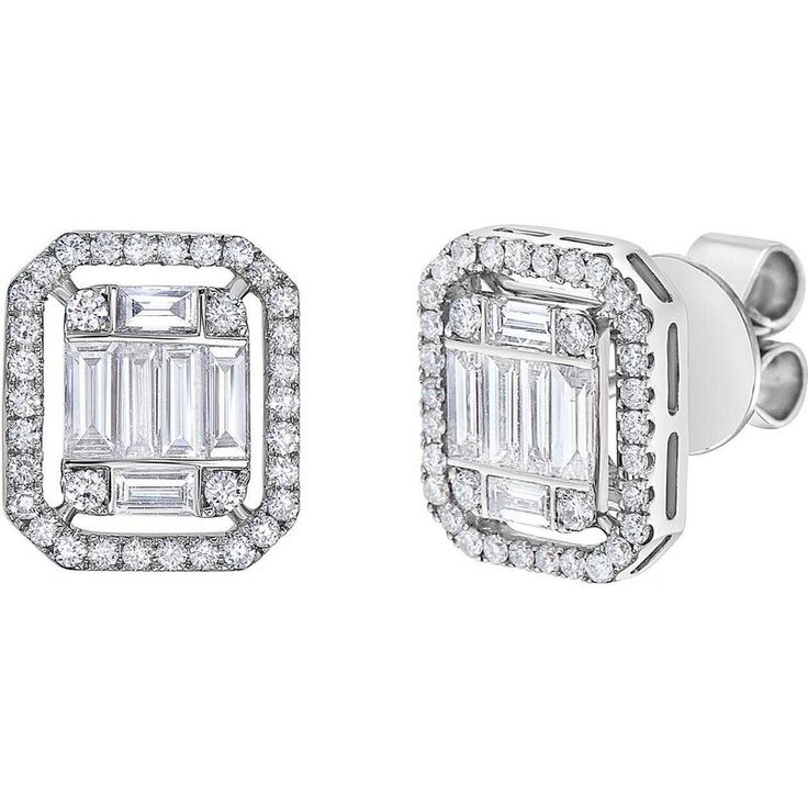 These Anais Studs by Ruchi New York are the perfect addition to any fine jewelry collection. With a stunning design that incorporates diamond baguettes encased with brilliant cut diamonds, these earrings are sure to catch the eye and capture the heart of any jewelry lover. The .75 carats of diamonds are set in 18k white gold, adding to the overall elegance and luxury of the piece.Wearing these studs will make you feel confident and glamorous, whether you're dressed up for a special occasion or a Timeless Formal Baguette Diamond Earrings, Timeless Baguette Diamond Earrings For Formal Occasions, Luxury Diamond Earrings With Baguette Cut, Luxury Baguette Cut Diamond Earrings, Diamond White Baguette Cut Diamond Earrings, Luxury Baguette Cut Diamond Earrings With Accents, Formal Diamond White Earrings With Baguette Diamonds, Luxury Diamond Earrings With Baguette Cut Halo Design, Baguette Diamond Earrings Fine Jewelry