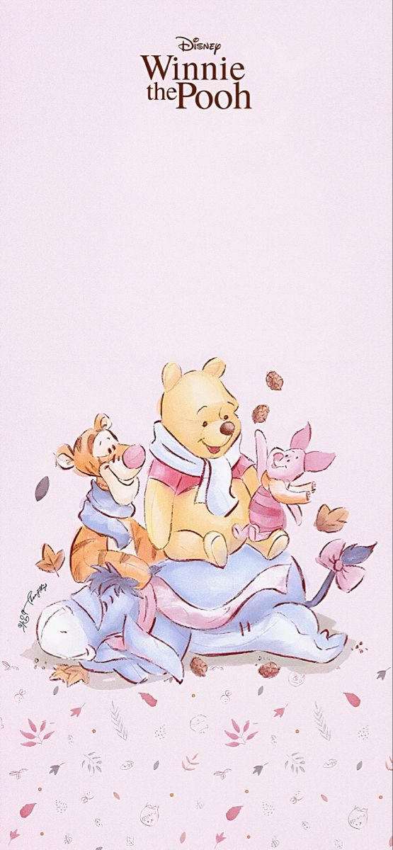 winnie the pooh and friends sitting on top of each other in front of a pink background