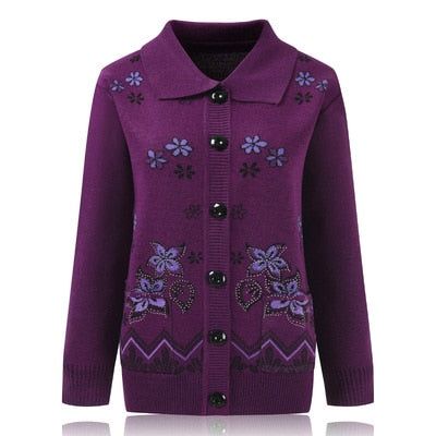 Brand Name: IOQRCJVStyle: CasualMaterial Composition: Polyester CottonDecoration: ButtonPattern Type: PrintClothing Length: RegularCollar: Turn-down CollarSleeve Length(cm): FullSleeve Style: RegularMaterial: CottonMaterial: PolyesterMaterial: SpandexMaterial: AcrylicThickness: STANDARDClosure Type: Open StitchGender: WOMENModel Number: Middle-aged women's sweater Casual Purple Cardigan With Buttons, Casual Purple Cardigan With Button Closure, Elegant Purple Sweater For Fall, Casual Purple Button-up Sweater, Elegant Purple Winter Cardigan, Elegant Purple Sweater For Winter, Winter Purple Single Breasted Outerwear, Purple Long Sleeve Winter Cardigan, Purple Button-up Outerwear