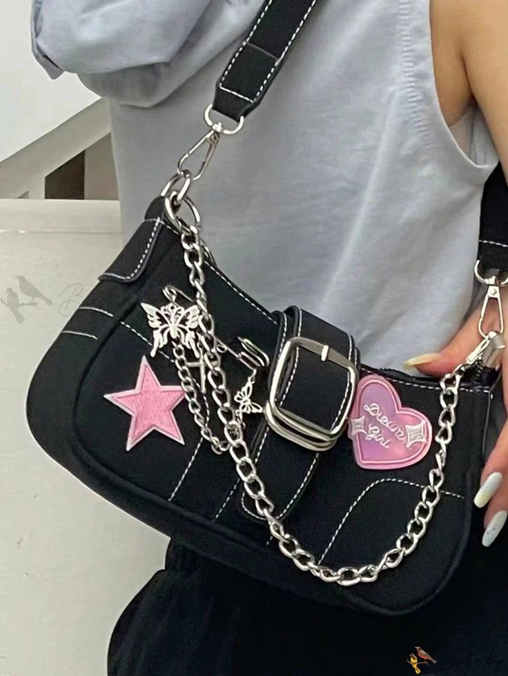 Bird in Bag - Y2K Cross Decor Underarm Bag: Stylish Chain Shoulder Bag for Modern Women, Fashionable Pink Handbags and Purses Hot Pink Handbags, Y2k Bags, Y2k Shoulder Bag, Denim Shoulder Bag, Y2k Girl, Tas Bahu, Holiday Club, Ring Belt, Small Shoulder Bags