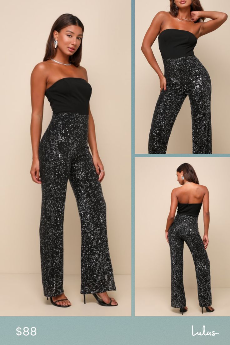 The most wonderful time of the year is around the corner, and the Lulus Marvelous Fun Black Sequin Strapless Straight Leg Jumpsuit is ready to get any party started! Stretchy crepe knit shapes a strapless bodice (with hidden no-slip strips and supportive side boning) and a straight neckline. The high, fitted waist tops straight pant legs adorned with dazzling silver sequins, before finishing at full-length hems. Hidden back zipper/clasp. Fit: This garment fits true to size. Length: Floor length. Lulu Fashion, Adhesive Bra, Classy Fashion, Straight Neckline, Wonderful Time Of The Year, Silver Sequin, Strapless Bra, Straight Pants, Black Sequins