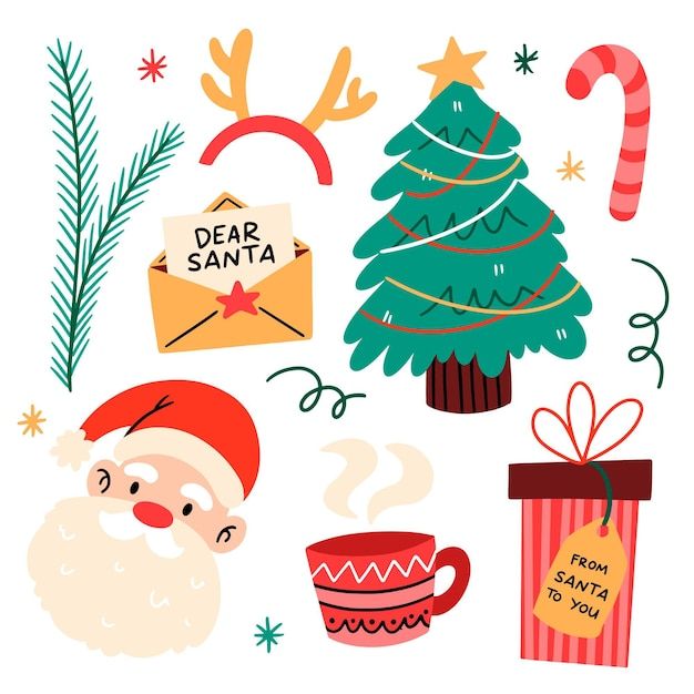 santa claus and other christmas related items are shown in this hand - drawn style illustration