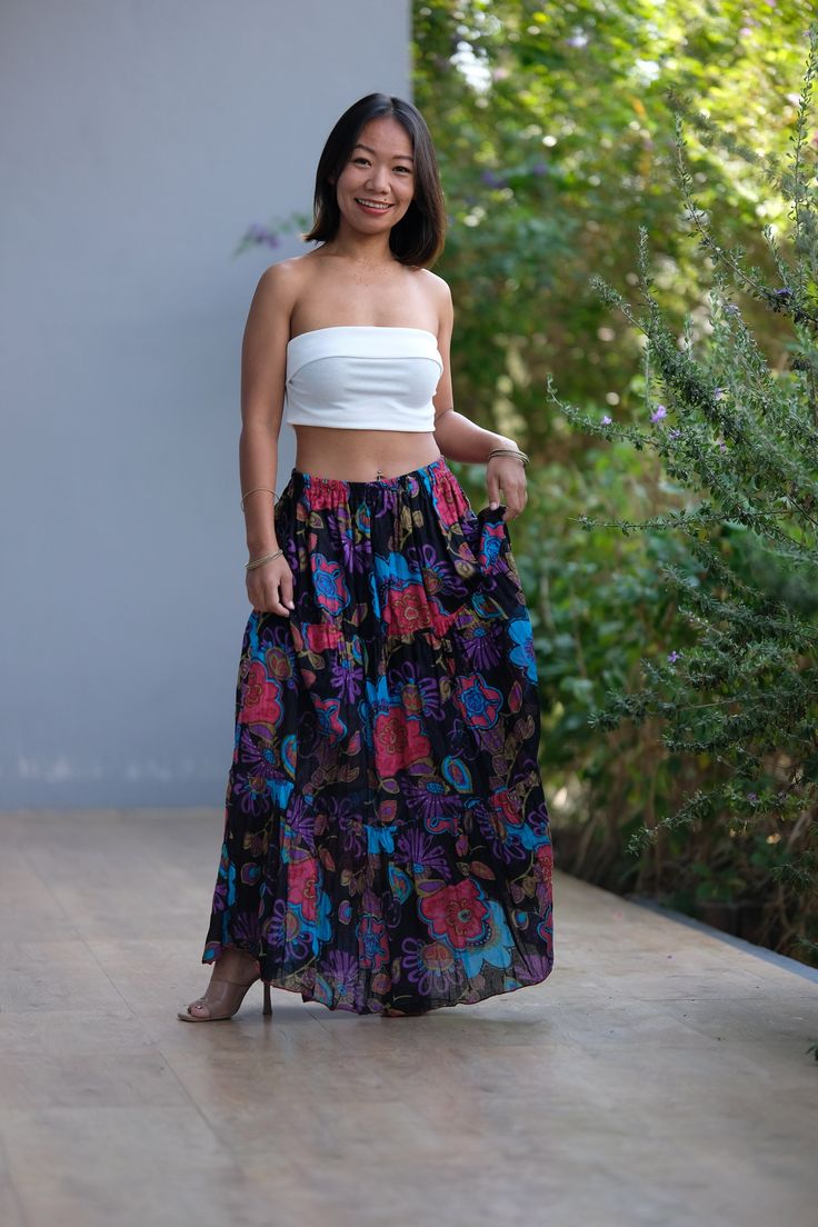 "This beautiful Skirts with  made from lightweight cotton fabric. which perfectly fit to your festival, beach, summer vacation or just new addition to your wardrobe that will inspire you for your new street look! This Skirts is comfortable and relaxation for any occasion.   🪡🧵 MATERIAL : Cotton breathable muslin This skirts will fit sizes Small to Large ( Not - XL ) * Waist : 26'' Stretching to 52'' inches  ( 66.04 cm - 132.08 cm ) * Hips : up to 58\" (147.32.cm ) * Length : 37\" from waist to Beach Flared Maxi Skirt With Elastic Waistband, Beach Maxi Skirt With Elastic Waistband, Beach Wide Leg Skirt With Elastic Waistband, Bohemian High Waist Lined Maxi Skirt, Bohemian High Waist Maxi Skirt With Elastic, Bohemian High Waist Maxi Skirt With Elastic Waistband, Beach Flared Skirt With Elastic Waistband, Beach Flared Skirt Bottoms With Elastic Waistband, Beach Tiered Gathered Skirt Bottoms