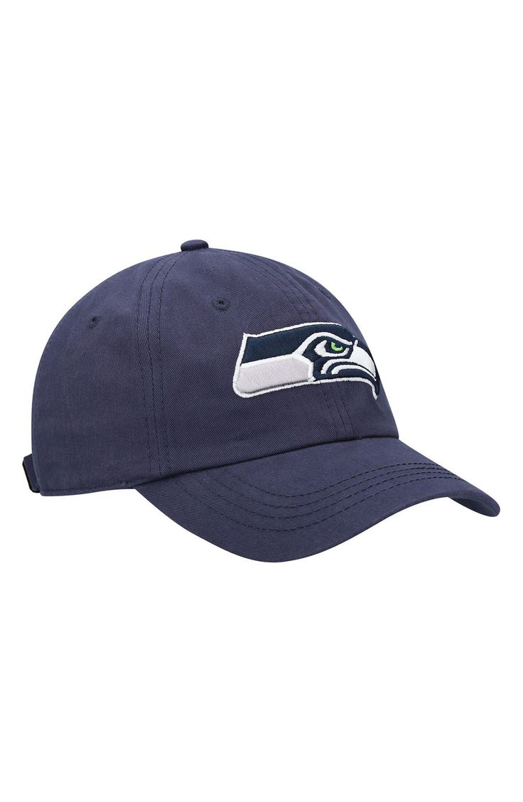 Indulge your sporty side by throwing on this Seattle Seahawks Miata Clean Up Primary adjustable hat from '47 and spicing up any casual ensemble. The bold Seattle Seahawks graphics add flair to the design, and the adjustable fabric strap at the back ensures a perfect fit for every big game. Material: 100% Cotton Low crown Unstructured relaxed fit Curved bill Adjustable fabric strap with snap buckle Embroidered graphics with raised details One size fits most Six panels with eyelets Surface washabl Sporty Snapback Hat With Team Logo For Game Day, Sporty Team Logo Snapback Hat For Game Day, Navy Sporty Hat For Baseball Season, Navy Sporty Baseball Hat, Throwback Curved Brim Baseball Cap For Sports, Sporty Snapback Hat With Team Logo For Fans, Sporty Dad Hat With Curved Bill For Game Day, Sporty Curved Bill Dad Hat For Game Day, Sporty Curved Bill Snapback Hat For Fans