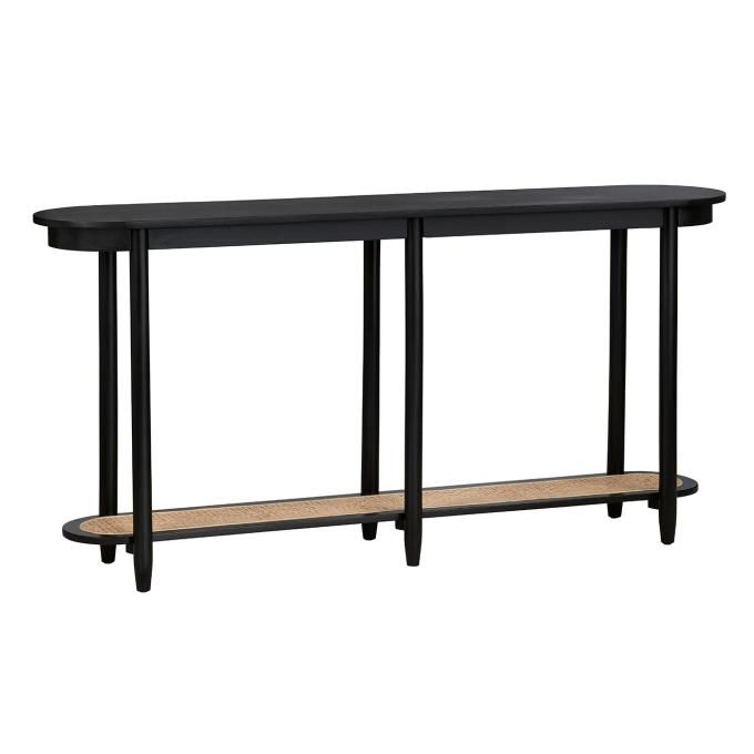 a black console table with two wooden shelves