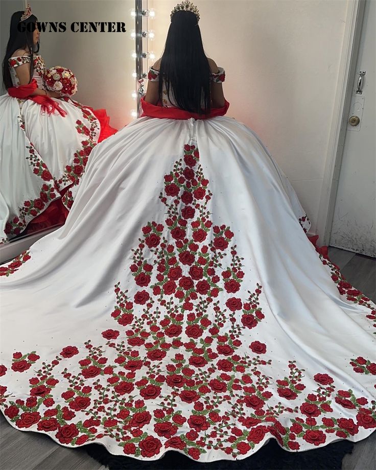 Red Roses Embroidery White Satin Quinceanera Dress 2024 Ball Gown Charro Mexican Dress Off The Mariachi Quinceanera Theme, Red And White Quinceanera Theme, Quinceanera Red Theme, Red And Black Quinceanera Theme, Red And White Quinceanera Dresses, White Charro Quinceanera Dresses, Mexican Inspired Wedding Dress, Red Charro Quinceanera Dress, Satin Quinceanera Dress