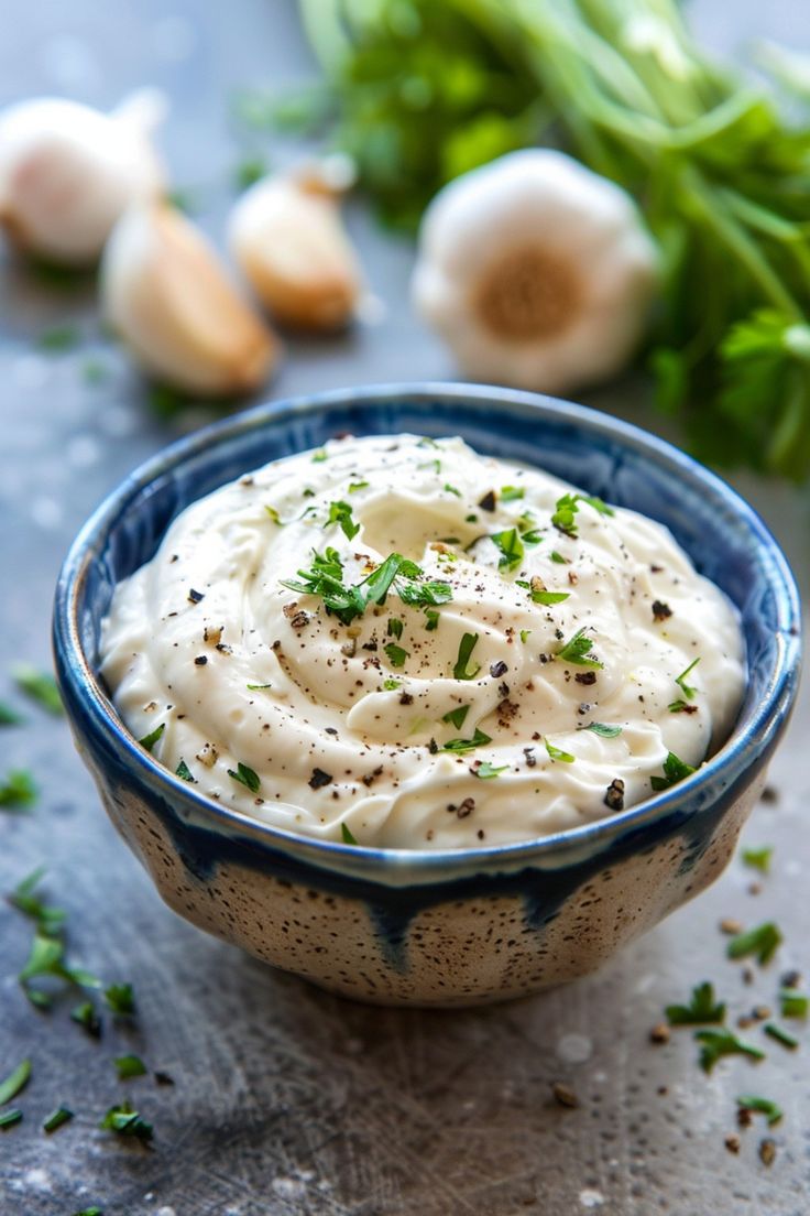 a blue bowl filled with white sauce next to garlic and green onions on a table