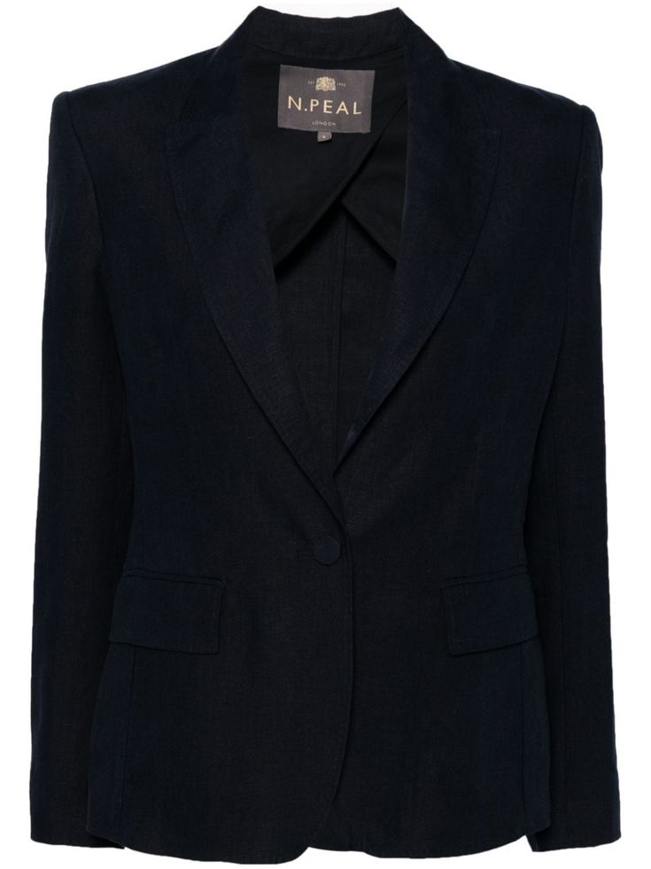 navy blue linen peak lapels front button fastening two side flap pockets long sleeves straight hem central rear vent This item contains at least 50% materials which are certified or widely recognised as having a lower environmental impact through production and/or manufacturing processes that reduce water consumption and the use of harmful chemicals, or re-use by-products of the production process. Learn more about what makes a product Conscious on our Conscious Criteria page Formal Linen Blazer With Lapel Collar, Classic Linen Blazer For Office, Classic Linen Office Blazer, Linen Blazer With Lapel Collar, Lapel Collar Linen Suit For Work, Linen Suit With Lapel Collar For Work, Linen Suits With Lapel Collar For Work, Classic Linen Workwear Blazer, Classic Linen Blazer For Work