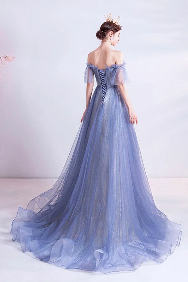 Off the Shoulder Lace Long Formal Dress Blue A-Line Evening Party Dress Formal Dress Blue, A Line Prom Dress, Fancy Gowns, Prom Dress Evening, Long Formal Dress, Marine Uniform, Blue Dress Formal, Blue Evening Dresses, Blue Tulle