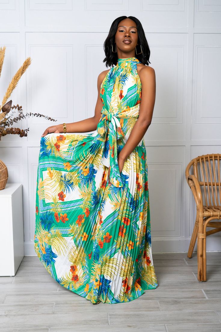 Green Tropical Geo print Accordion pleated halter maxi dress.  100% Polyester Model is wearing a small Peacock Dress, Classy Design, Halter Maxi Dress, Halter Maxi, Pleated Maxi Dress, Pleated Maxi, Halter Maxi Dresses, Geo Print, Fort Lauderdale