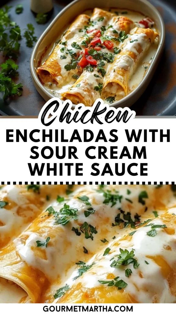 chicken enchiladas with sour cream white sauce in a casserole dish