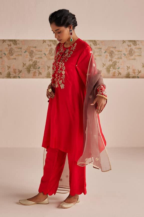 Red asymmetric kurta with zardozi embroidered floral patterns and loop detail on placket. Comes with pant and dupatta. - Aza Fashions Red Anarkali Set With Floral Embroidery For Festivals, Red Semi-stitched Set With Floral Embroidery, Red Floral Embroidery Anarkali Set For Festivals, Red Floral Embroidered Sets For Navratri, Red Sets With Floral Embroidery For Navratri, Red Floral Embroidered Sharara With Traditional Drape, Red Traditional Drape Sharara With Floral Embroidery, Red Sharara With Floral Embroidery, Bollywood Red Sharara With Floral Embroidery