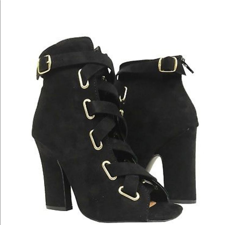 Ankle Bootie Black Ankle Boot Heels For Summer, Black Open Toe Heels For Fall, Black Ankle Strap Heels For Fall, Black Open Toe Boots For Spring, Casual Open Toe Party Boots, Casual Open Toe Boots For Party, Black Lace-up Heels For Fall, Black Suede Heels For Fall, Edgy Black Suede Heels