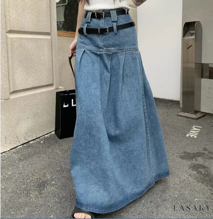 Lasaky - Womens High-Waisted Loose-fit Denim Maxi Skirt with a Trendy Atmosphere High Waist Dark Wash Denim Skirt, Non-stretch High Waist Denim Skirt, High Waist Non-stretch Denim Skirt, Chic High Waist Baggy Skirt, Baggy High-waist Denim Blue Denim Skirt, Baggy High-rise Summer Skirt, Baggy High Rise Summer Skirt, Baggy High Waist Denim Blue Denim Skirt, Baggy High Waist Denim Blue Skirt