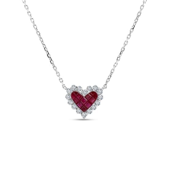 18K White Gold Ruby and Diamond Heart Necklace Valentine's Day Heart Cut Necklace With 17 Jewels, Luxury White Gold Necklace For Valentine's Day, Red Heart Cut Diamond Necklace, Valentine's Day Diamond Pendant Necklace With 17 Jewels, Formal Diamond Necklace For Valentine's Day, Valentine's Day Formal Diamond Necklaces, Valentine's Day Formal Diamond Necklace, White Gold Heart Pendant Necklace With 17 Jewels, White Gold Heart Pendant Necklaces With 17 Jewels