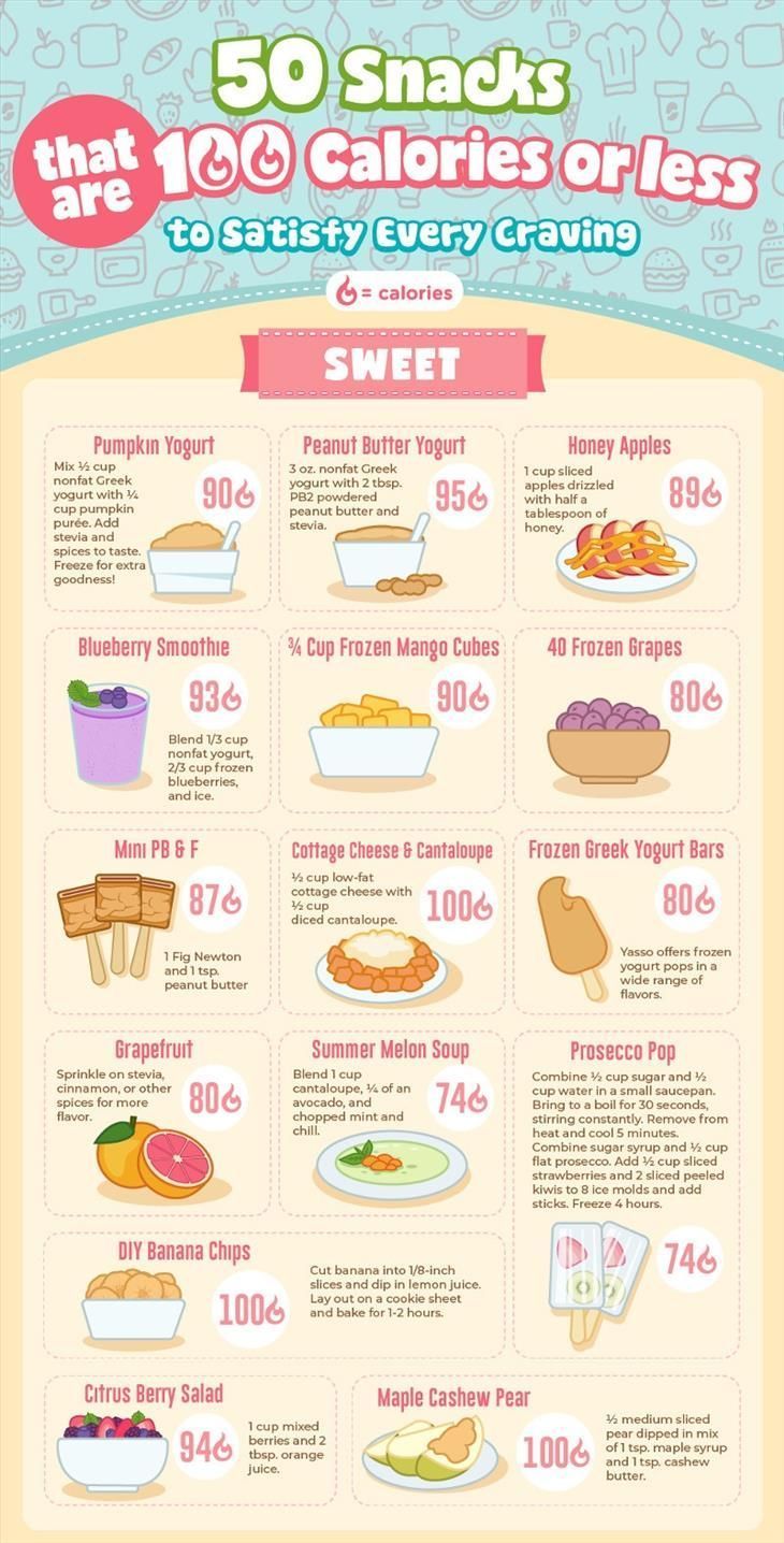 an info sheet with different types of food on it and the words 50 snacks that are calories or less