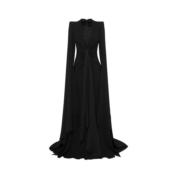 Elegant Long Dresses With Sweep Train, Dinner Gown Maxi Length, Cocktail Dress With Sweep Train And Long Sleeves, Maxi Length Gown For Dinner, Cocktail Long Sleeve Dress With Sweep Train, Dinner Maxi Length Gown, Fitted Long Sleeve Pre-draped Gown, Pre-draped Long Sleeve Maxi Dress For Wedding, Pre-draped Long Sleeve Evening Dress For Wedding