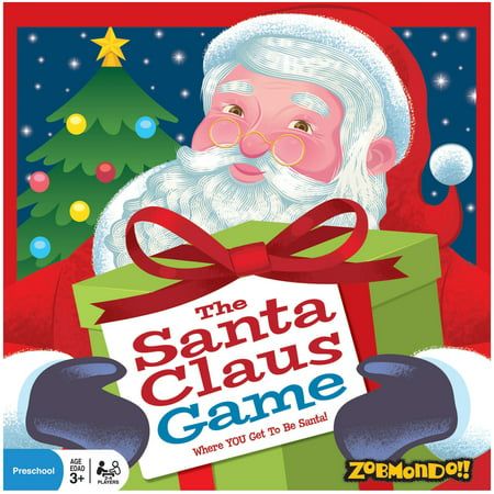 the santa claus game is shown in front of a christmas tree with presents on it