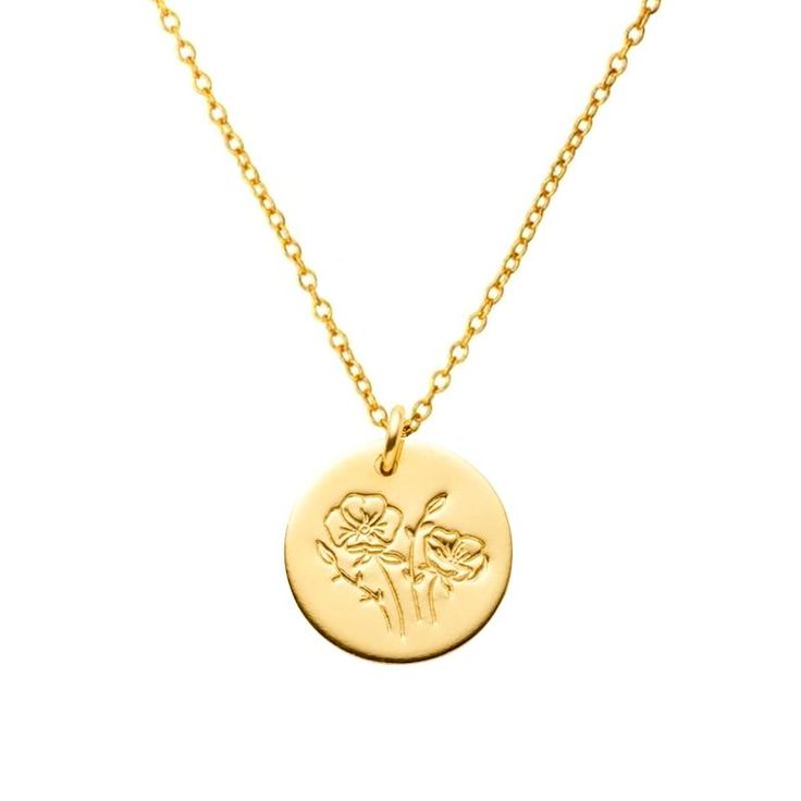 The most beautiful way to represent your loved ones. These Birth Flower Necklaces feature an engraved flower design that represents each month. This necklace is so charming you'll want to collect one for each of your loved ones. DETAILS & SIZE Composition: 18k gold plated of .925 sterling silver Measurements: pendant: 14mm; chain: 16" + 2" extension Lobster claw clasp Read about how to care for your jewelry here. Shop the Personalized Collection! Or shop Necklaces to start your neck stack! Elegant Stamped Flower Pendant Necklaces, Elegant Stamped Flower Pendant Necklace, Engraved Flower Pendant Charm Necklace For Mom, Engraved Flower Pendant Necklace For Mom, Engraved Flower Pendant Charm Necklace As Gift For Her, Gold Engraved Flower-shaped Necklace, Gold Engraved Flower Shaped Necklace, Personalized Gold Charm Necklace With Flower Shape, Personalized Gold Flower Shaped Charm Necklaces