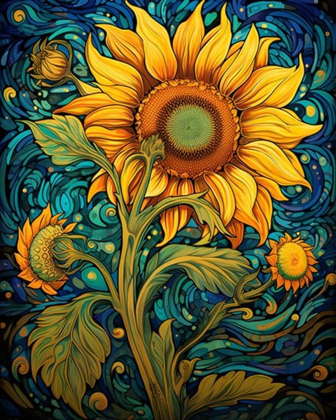 a painting of a sunflower with blue and yellow swirls on it, against a black background