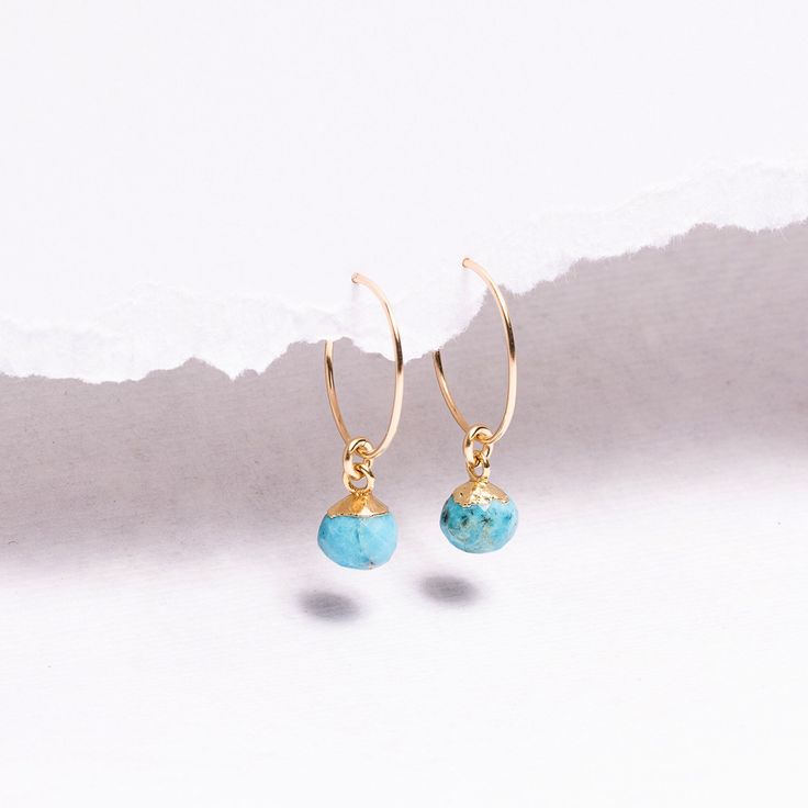 Turquoise Earrings - 14k Gold Filled Small and Dainty hoops - Boho, Minimalist style gifts for her - Bridesmaids gift ideas Gemstones: 9x6mm approximately Bezel: Vermeil Gold (14k Gold over Sterling Silver) Ear Wires: 14K Gold Filled Wire: 21 gauge / 0.70mm thick Wire Diameter: 15mm Gemstone: Genuine Turquoise Note that due to the handmade nature of these genuine stones, measurements are approximately and might vary slightly for each stone. Made in the USA. Jewelry Care: To extend the life of yo Elegant Turquoise Hypoallergenic Hoop Earrings, Minimalist Turquoise Hoop Earrings For Gifts, Minimalist Turquoise Hoop Earrings As Gift, Turquoise Dangle Hoop Earrings For Gift, Turquoise Hypoallergenic Hoop Earrings As Gift, Turquoise Hypoallergenic Hoop Earrings For Gift, Turquoise 14k Gold Filled Earrings For Gift, Hypoallergenic Turquoise Hoop Earrings As Gift, Turquoise 14k Gold Filled Earrings As Gift