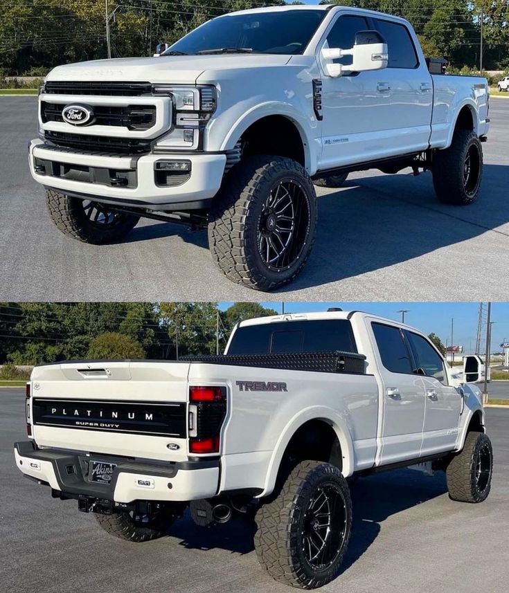 two pictures of the front and rear sides of a white ford f250 pickup truck