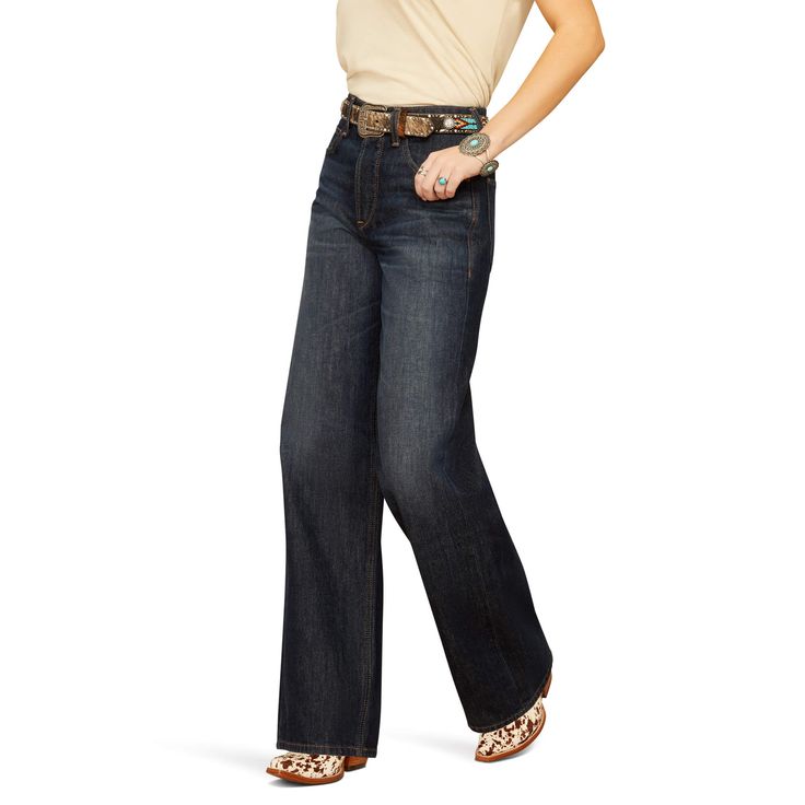 Made of 100% non-stretch denim, this cool, vintage-inspired jean will mold to your body with each wear. The clean, minimal design lets the dark wash really shine and makes it easy to transition from day to night. Ultra High Rise Jasmine Tomboy Wide Leg Jeans | Product Features : 0 : Contoured waistband hugs your curves for a fit that moves with you | Women's Ultra High Rise Jasmine Tomboy Wide Leg Jeans in Arizona 11.8 oz ring-spun denim. 100% Cotton. Imported, Size: 29 Regular by Ariat Distressed Dark Wash Rigid Denim Flare Jeans, High Waist Washed Flare Jeans In Rigid Denim, High Waist Washed Rigid Denim Flare Jeans, Everyday Distressed Dark Wash Flare Jeans, Everyday Dark Wash Distressed Flare Jeans, High Rise Dark Wash Cotton Flare Jeans, Dark Wash Mid-rise Cotton Flare Jeans, Mid-rise Dark Wash Cotton Flare Jeans, Dark Wash Cotton Flare Jeans With Belt Loops