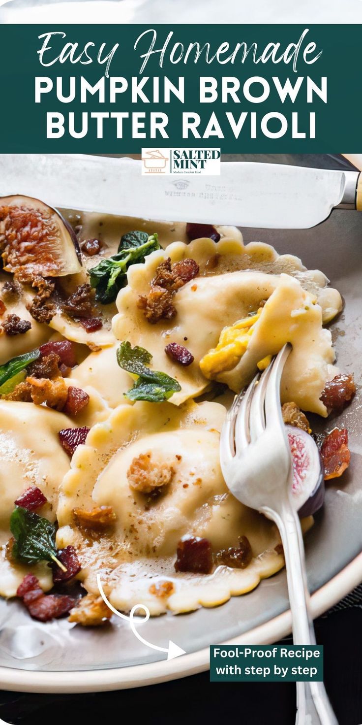 an easy homemade pumpkin brown butter ravioli with bacon and spinach is shown on a white plate