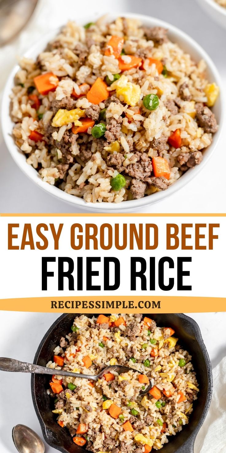 Ground Beef Fried rice in cast iron skillet and a serving in a white bowl. Ground Beef Fried Rice, Beefaroni Recipe, Budget Dinner, Beef Fried Rice, Healthy Beef Recipes, Healthy Ground Beef, Ground Beef Recipes Healthy, Easy Ground Beef, Cheap Recipes