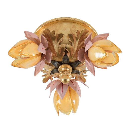 an antique chandelier with pink and yellow flowers on the front, hanging from it's side