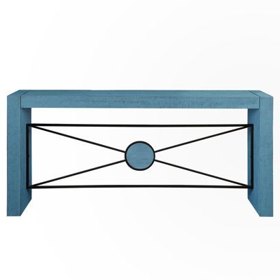 a blue table with a circular design on it's top and metal frame around the edge