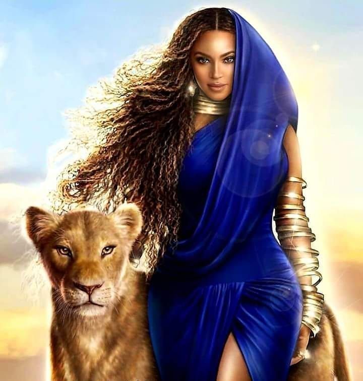 a painting of a woman in blue with a lion