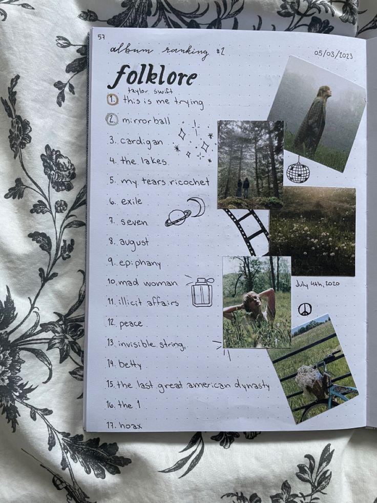 journaling folklore taylor swift album ranking songs bullet journal aesthetic collage scrapbook music doodle sprin summer Album Ranking Journal, Folklore Taylor Aesthetic, Folklore Doodles Taylor Swift, Taylor Swift Songs Ranked, Eras Tour Surprise Songs Tracker, Folklore Journal Page, Taylor Swift Album Ranking, Song Diary Aesthetic, Folklore Art Taylor Swift