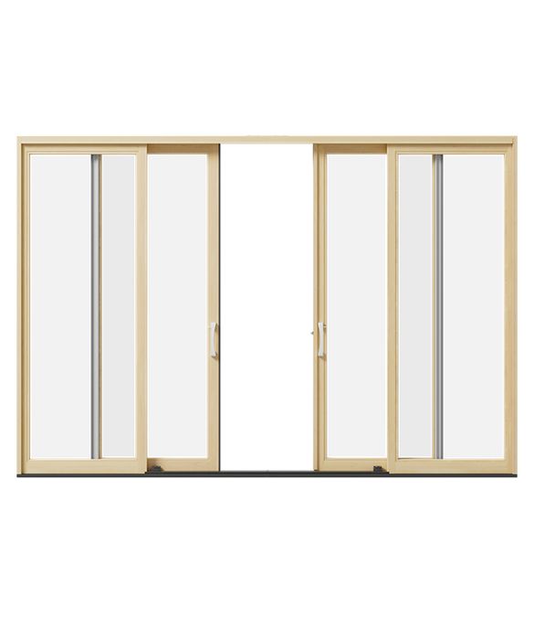 an open sliding glass door on a white background, with the doors closed and one side opened