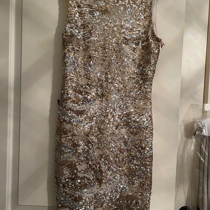 Perfect Party Dress With Gold Embroidery, New With Tags, Size Medium. Spring Sleeveless Holiday Dress For Weddings, Sleeveless Holiday Dress For Spring Wedding, Spring Wedding Sleeveless Holiday Dress, Knee-length Sequin Dress For Wedding Party Season, Knee-length Sequin Dress For Wedding, Knee-length Sequin Dress For Wedding Party, Spring Sequined Embroidered Dress For Party, Festive Sleeveless Sequin Party Dress, Sleeveless Sequin Party Dress For Festive Occasions