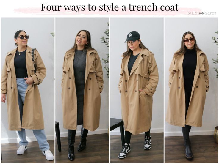 four ways to style a trench coat Camel Trench Coat Outfit, Flat Chelsea Boots, Camel Trench Coat, High Waisted Leggings Workout, Black Leather Chelsea Boots, Black Workout Leggings, Trench Coat Outfit, White High Tops, Turtleneck Sweater Dress