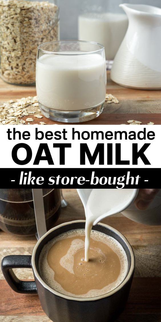 the best homemade oat milk is being poured into a cup