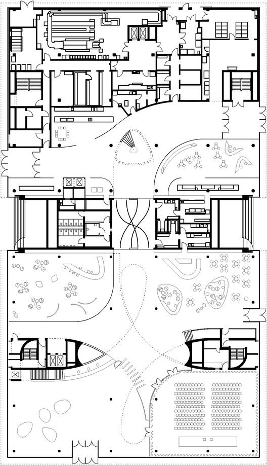 the floor plan for an office building with multiple floors and several rooms, all in black and white